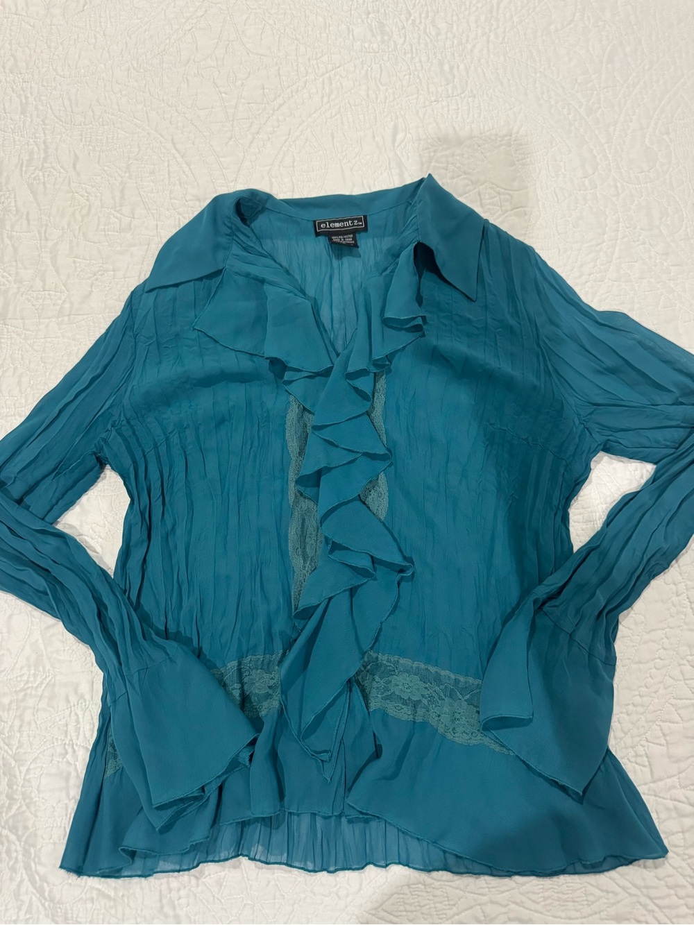 Elementz Teal Ruffled Lace-Trim Button-Down Blouse
